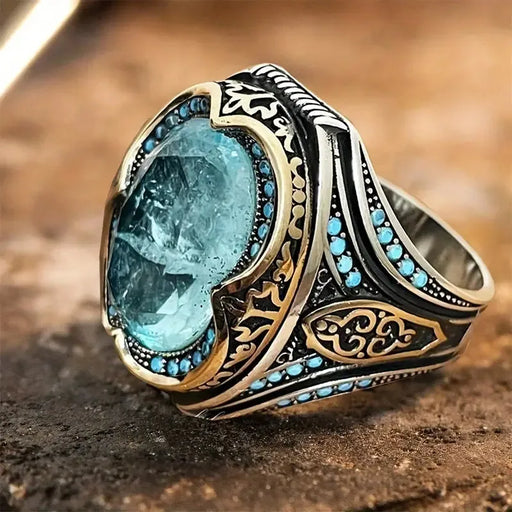 Handcrafted Vintage Turkish Ring with Blue Cubic Zirconia Stone