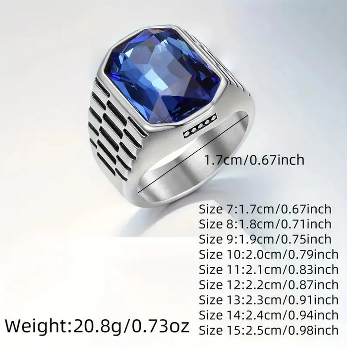 Stainless Steel Ring with Square-Cut Gemstones & Textured Band