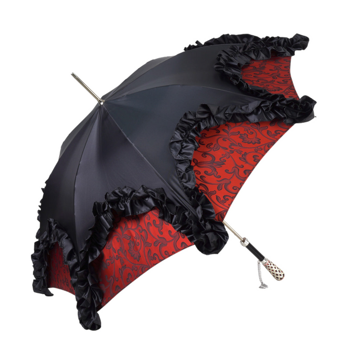 Luxury Umbrella Featuring Black Ruffles and Silver-Plated Accents