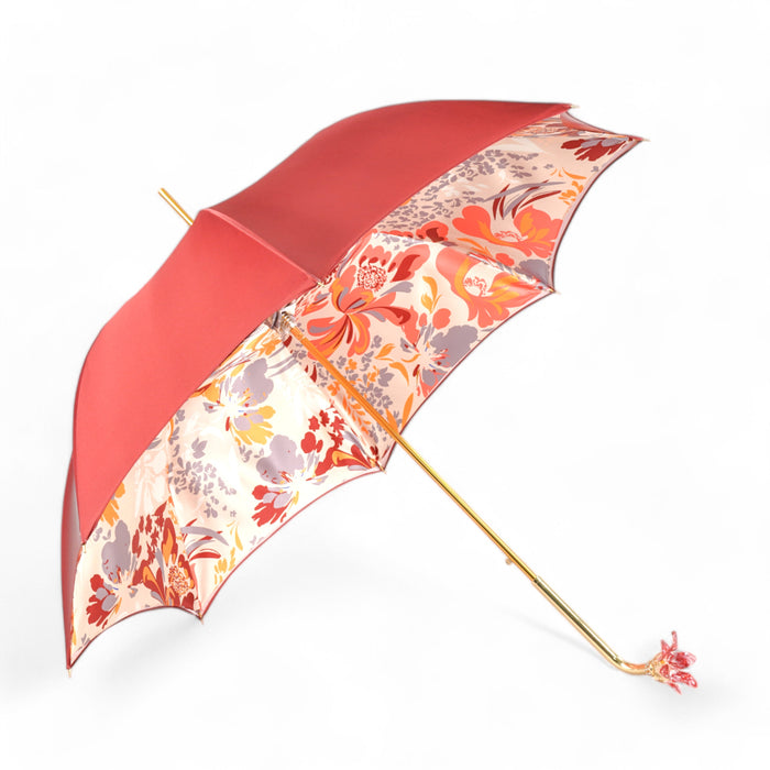 Elegant Red Flower Handle Umbrella with Gold Accents
