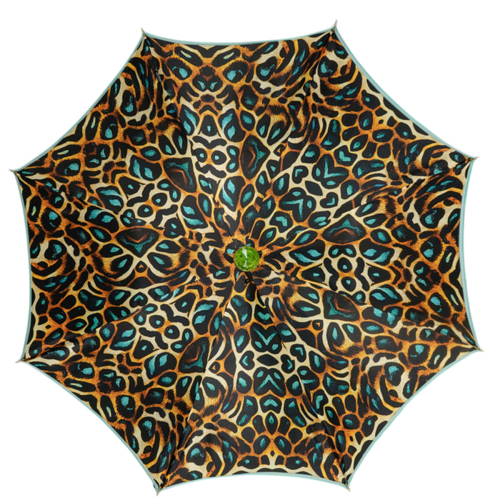 Premium Teal Leopard Print Umbrella with Green Jewelry Handle