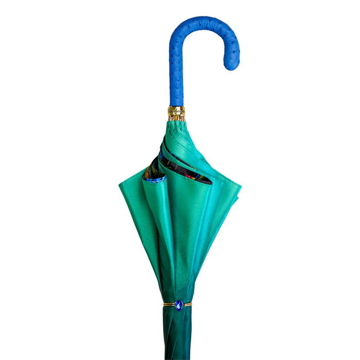 Luxury Peacock Umbrella – Exotic Feathers & Ostrich Leather Grip