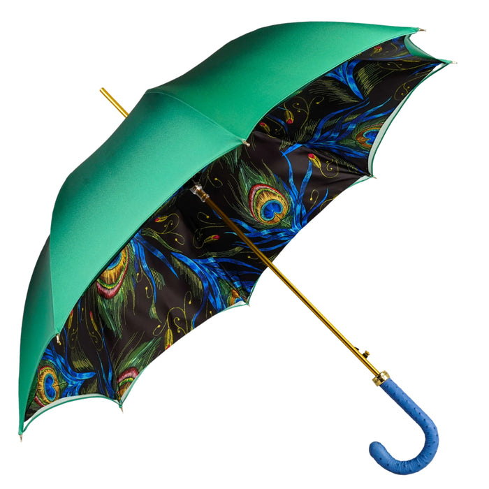 Luxury Peacock Umbrella – Exotic Feathers & Ostrich Leather Grip