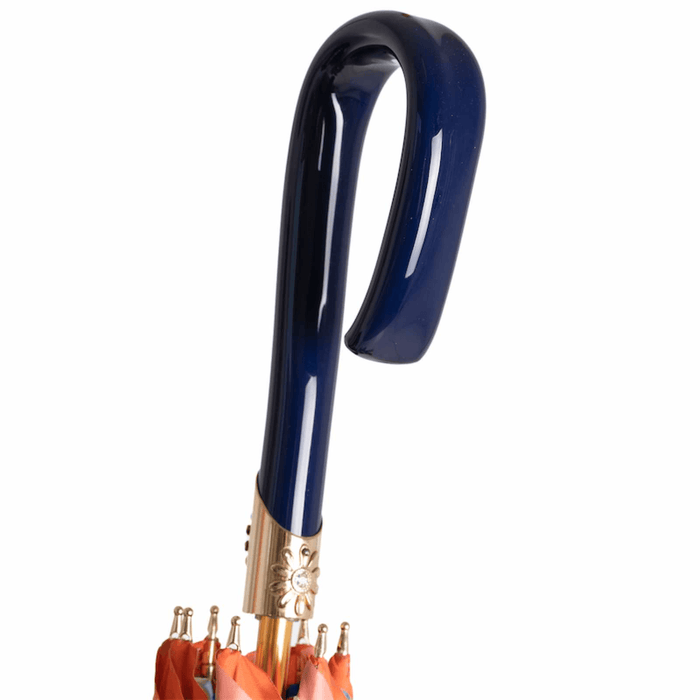 Women's Orange Umbrella with Flowered Interior and Unique Blue Handle