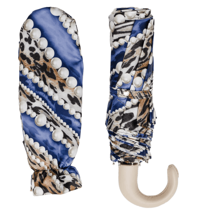 Pearl Print Leather Handle Designer Folding Umbrella