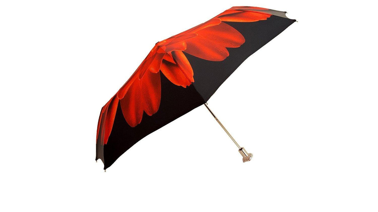 Red Flower Women's Folding Umbrella with Silver-plated Handle