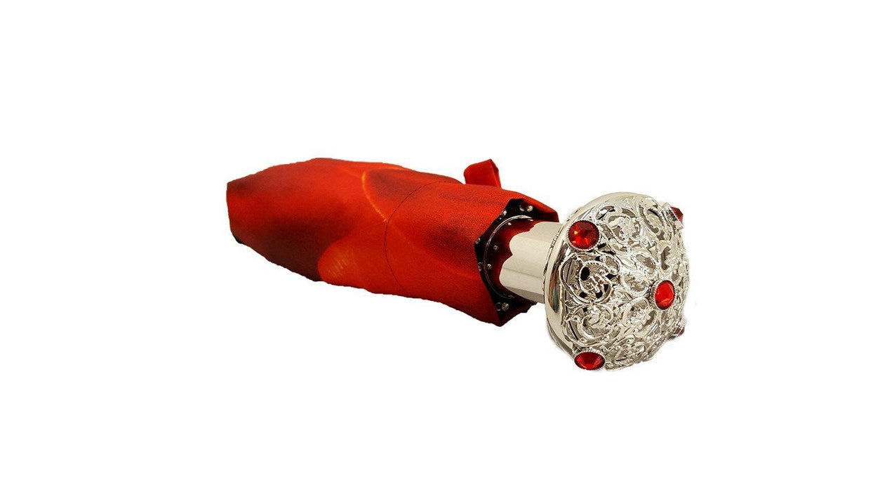 Red Flower Women's Folding Umbrella with Silver-plated Handle