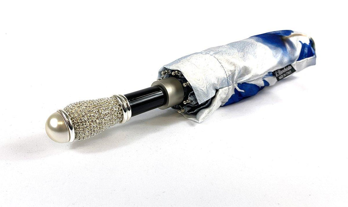 White Folding Umbrella with Blue Poppies Print