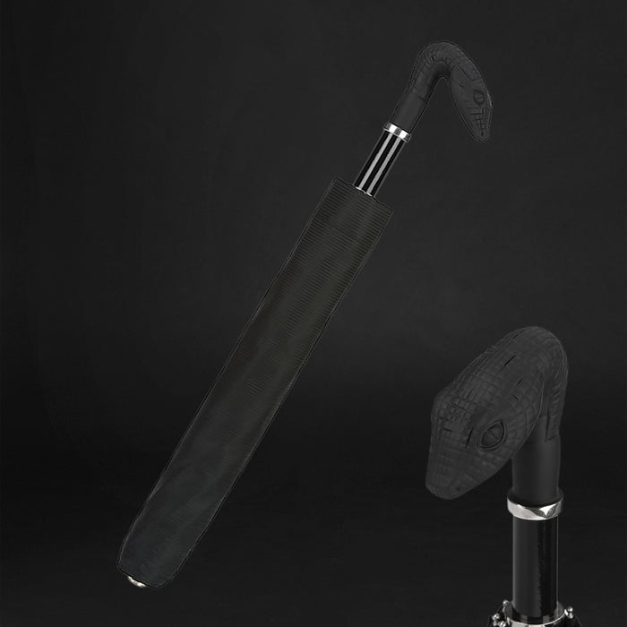 Rubberized Brass Snake Handle Black Folding Umbrella