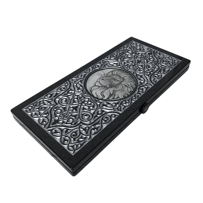 Luxury Black Acrylic Stone Backgammon "Silver Lion" 60×30 cm
