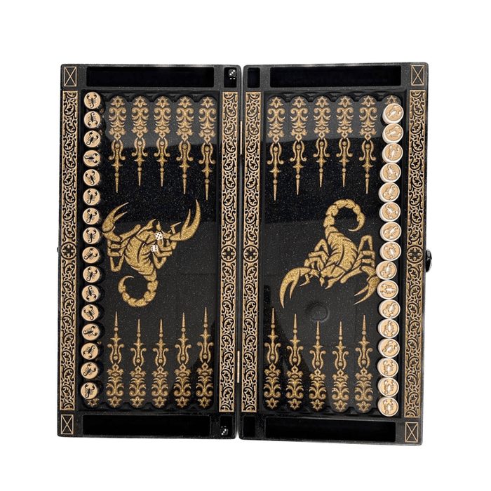 Luxury Black Acrylic Stone Backgammon "Golden Scorpion" 58×28 cm