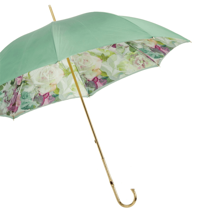 Jeweled Handle Green and Pink Roses Double Cloth Umbrella