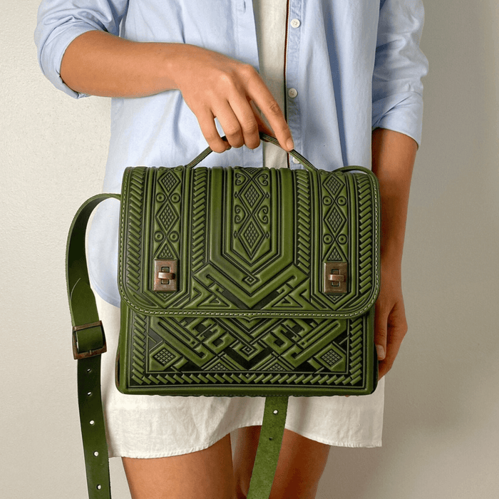 Olive Leather Satchel Genuine & Embossed Crossbody, Briefcase