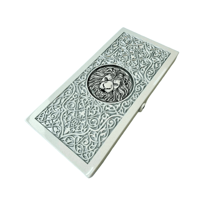 Luxury White Acrylic Stone Backgammon, Carved "Carved Silver Lion" On Top