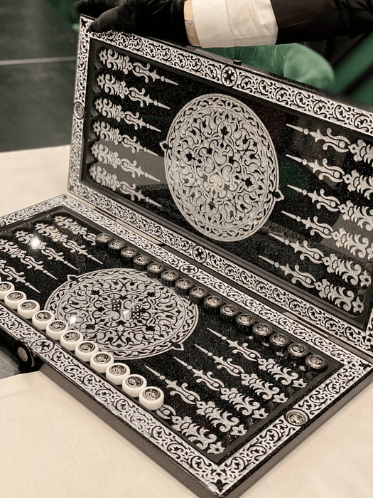 Luxury Black Acrylic Stone Backgammon "Silver Lion"60x30x5 cm