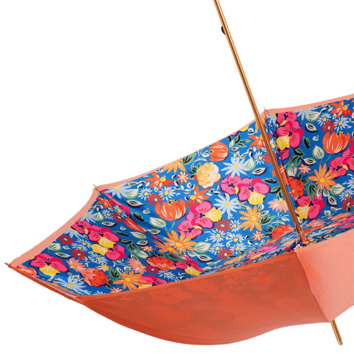 Women's Orange Umbrella with Flowered Interior and Unique Blue Handle