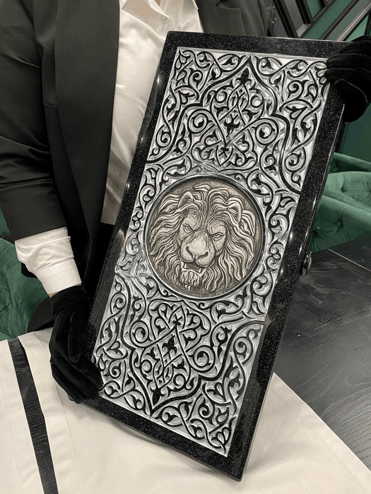 Luxury Black Acrylic Stone Backgammon "Silver Lion"60x30x5 cm