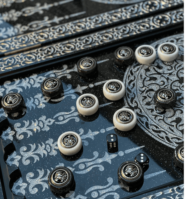 Luxury Black Acrylic Stone Backgammon "Silver Lion"60x30x5 cm