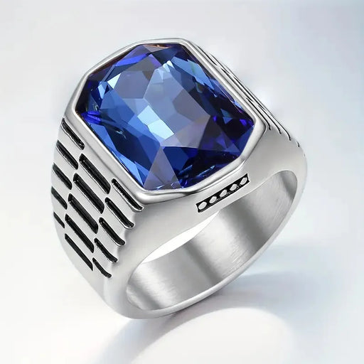 Stainless Steel Ring with Square-Cut Gemstones & Textured Band