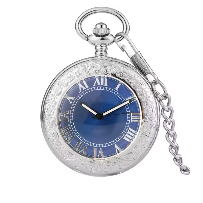 Silver Mechanical Pocket Watch Blue Dial - Roman Numerals Gift