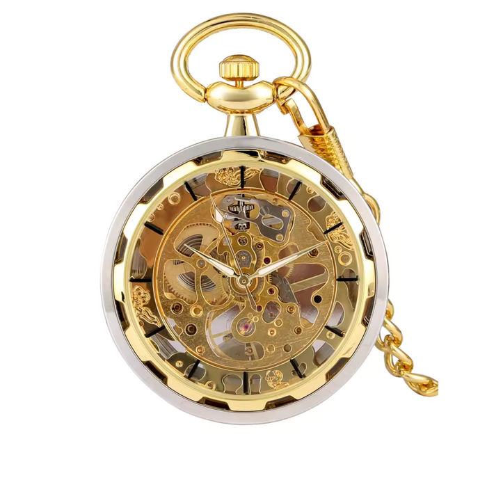 Silver Gold Steampunk Pocket Watch - Hollow Mechanical Hand Wind
