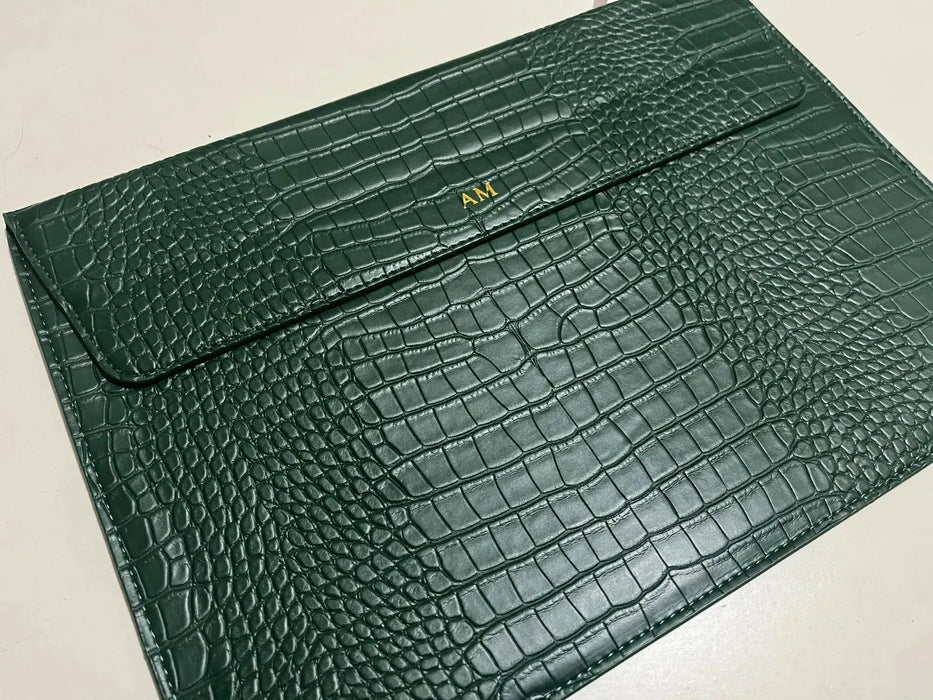 Crocodile Textured PU Leather Laptop Sleeve with Built-In Stand