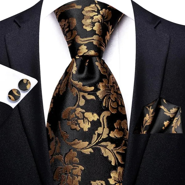Black and Gold Floral Silk Tie for Classy Men