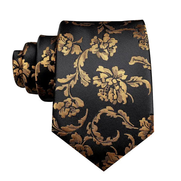 Black and Gold Floral Silk Tie for Classy Men