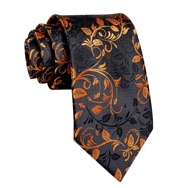 Floral Silk Tie for Men - Classy Black and Orange Design