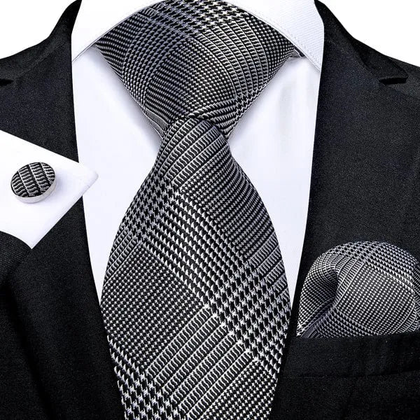 Mens Glen Plaid Silk Tie in Black and White - Classy Accessory for Formal Attire