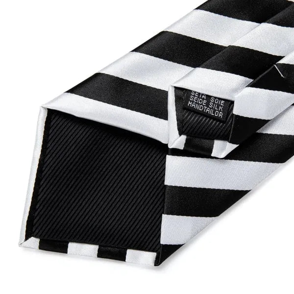 Mens Black White Striped Silk Tie - Elegant Formal Accessory