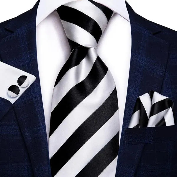 Mens Black White Striped Silk Tie - Elegant Formal Accessory