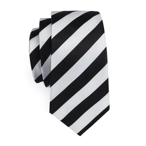 Mens Black White Striped Silk Tie - Elegant Formal Accessory