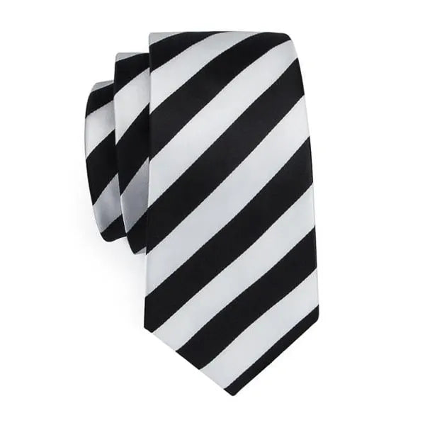 Mens Black White Striped Silk Tie - Elegant Formal Accessory