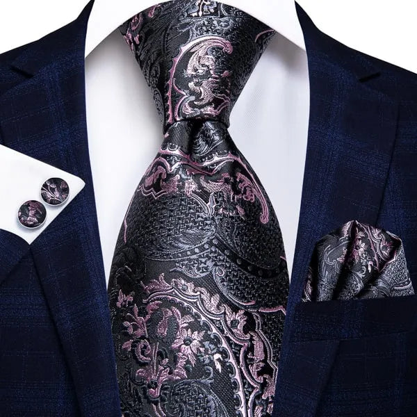 Elegant Floral Silk Tie for Men in Black and Pink