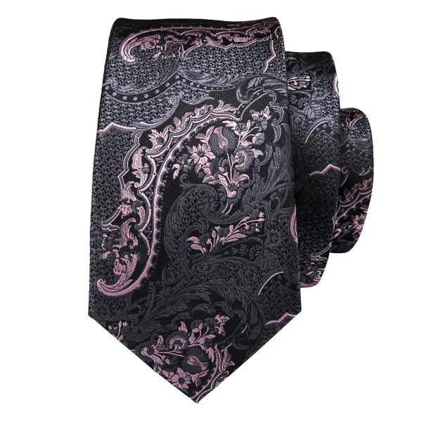 Elegant Floral Silk Tie for Men in Black and Pink