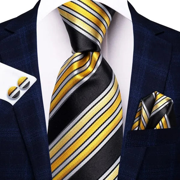 Silk Tie for Men in Black Yellow and White Stripes Classy Accessory