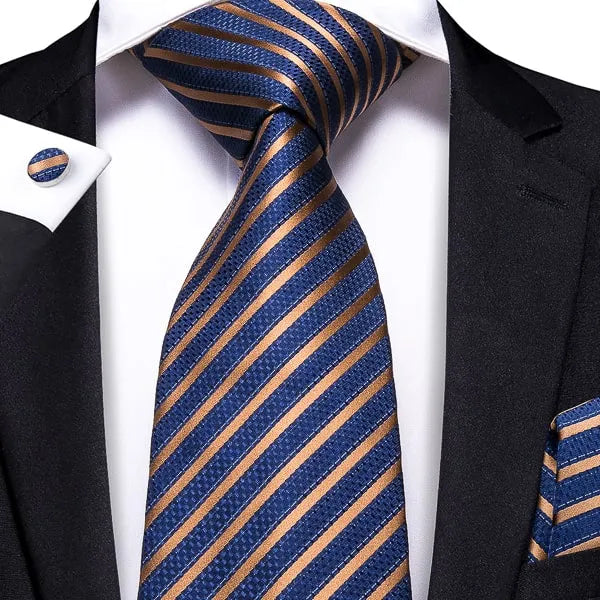 Blue Silk Tie with Copper Stripes - Classy Design for Men