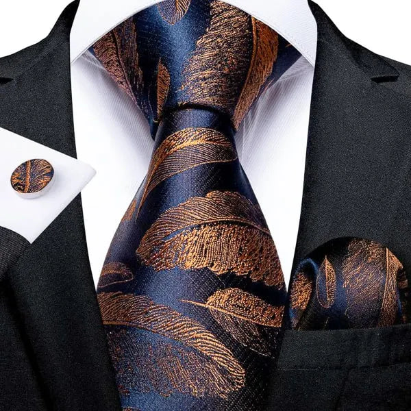 Classy Men Blue & Gold Feathers Silk Tie