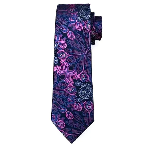 Peacock Pattern Silk Tie for Men in Blue and Pink - Classy Accessory
