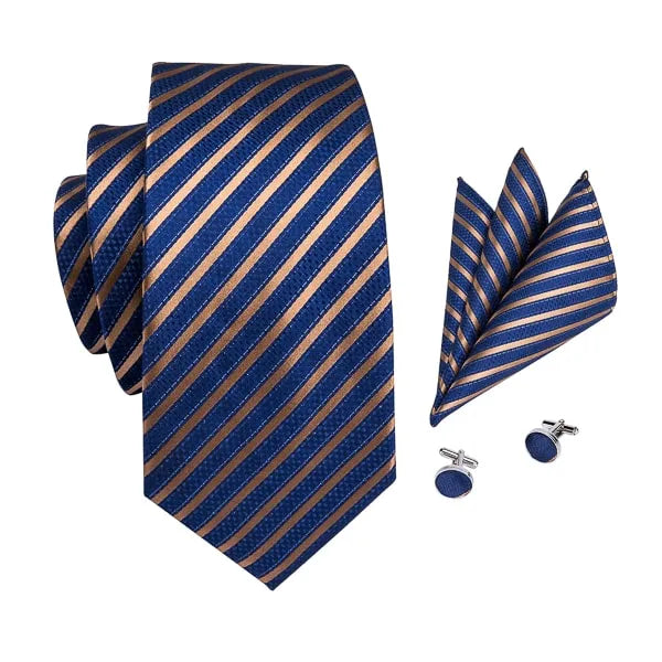 Blue Silk Tie with Copper Stripes - Classy Design for Men