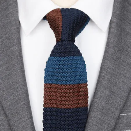 Mens Striped Knitted Tie in Blue and Brown Classy Accessory for Any Occasion