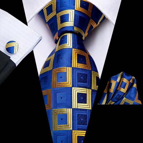 Silk Tie for Men - Elegant Blue and Gold Squared Design