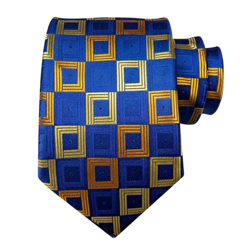 Silk Tie for Men - Elegant Blue and Gold Squared Design