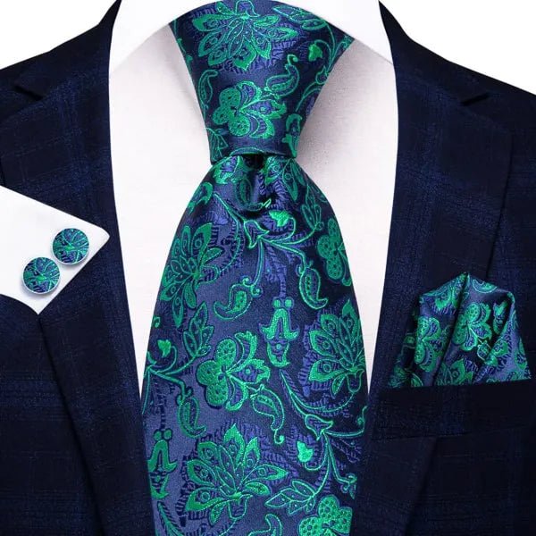 Silk Tie for Men in Blue Green Floral Pattern - Classy Accessory