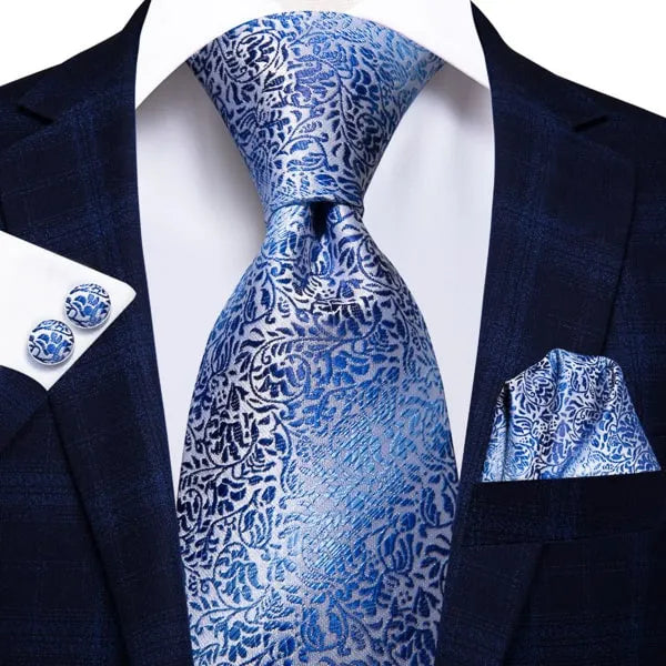 Blue Silver Floral Silk Tie for Classy Men - Elegant Accessory for Formal Events