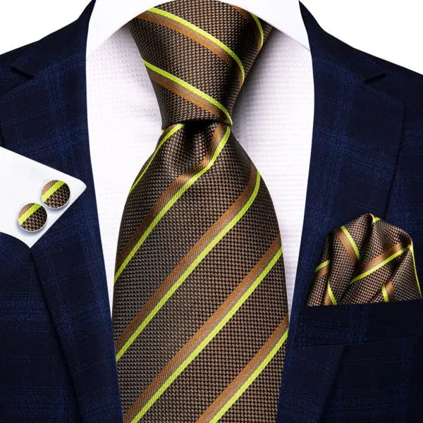 Brown and Yellow Striped Silk Tie for Classy Men
