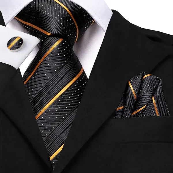 Silk Tie for Men in Carbon Black with Elegant Gold Stripes