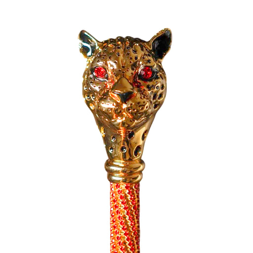 Jewel-Adorned Panther Handle Red Jacquard Umbrella