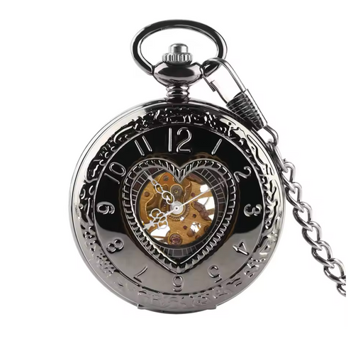 Black Heart Steampunk Pocket Watch - Half Hunter Mechanical Wind